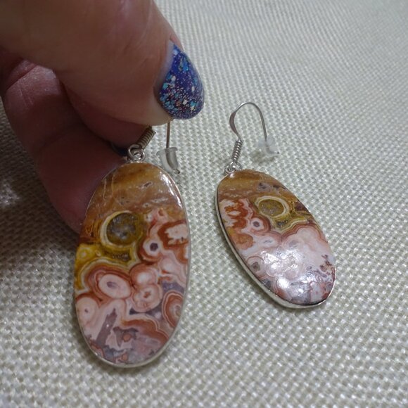 Natural MEXICAN LAGUNA Handmade Sterling Dangle Earrings (1 1/2" Drop) #927B - Picture 3 of 3